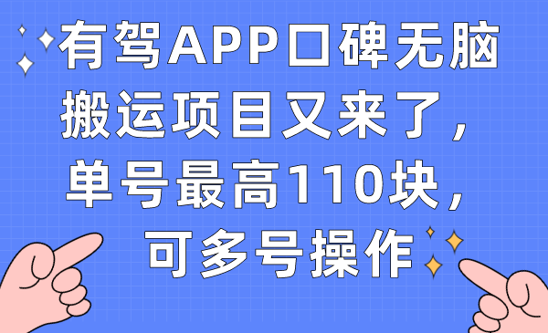 【副业项目7499期】有驾APP口碑无脑搬运项目又来了，单号最高110块，可多号操作-盈途副业网