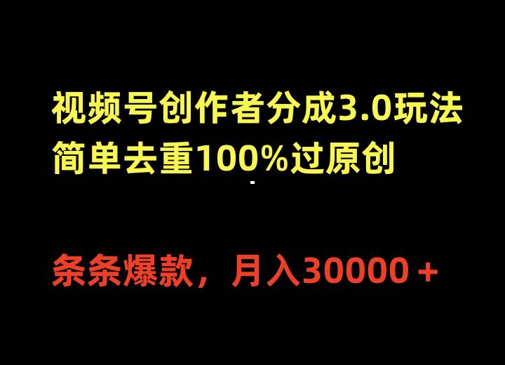 视频号创作者分成3.0玩法，简单去重100%过原创，条条爆款，月入30000＋-盈途副业网