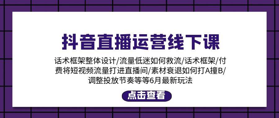 抖音直播运营线下课：话术框架/付费流量直播间/素材A撞B/等6月新玩法-盈途副业网