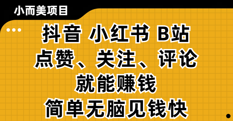 小而美的项目，抖音、小红书、B站视频点赞、关注、评论就能赚钱，简单无脑立见收益！妥妥的零撸项目-盈途副业网